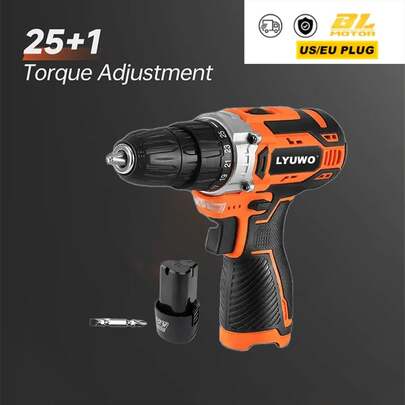 LYUWO 12V 锂离子电池供电电钻，25牛米扭矩，正反转，LED照明灯，高容量电池，不锈钢夹头，高效便捷