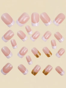 Pink French-Style Manicure 24 Pieces Of Nails Press On Fake Nails Nails Supplies Art Simple And Fashionable Nails Y2k Nails - White - View 3