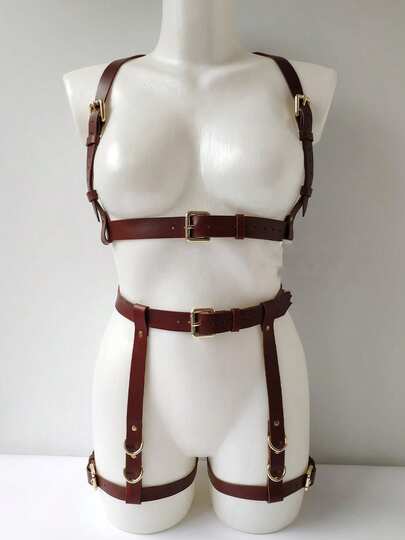 一套女士时尚咖啡色吊带胸带腰带大腿吊带束缚身体装饰带，适合深色服装、派对、圣诞节、万圣节配饰