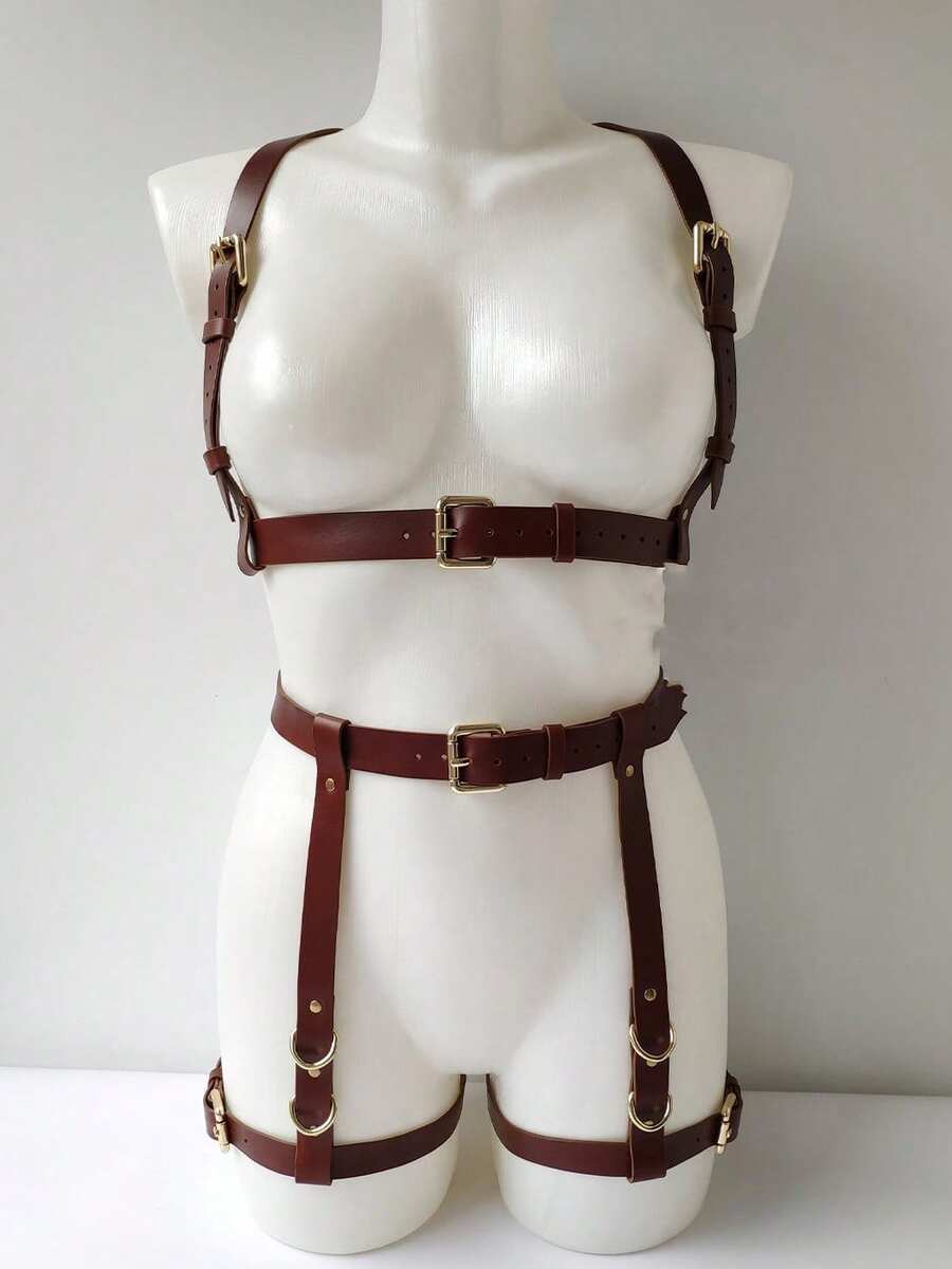 1 Bộ Dây Đeo Ngực Eo Đùi Màu Cà Phê Thời Trang Cho Nữ, Thích Hợp Cho Trang Phục Tối Màu, Tiệc Tùng, Giáng Sinh, Phụ Kiện Halloween - Cà phê nâu - Xem 1