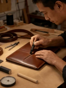 Herramienta de ranurado en V de cuero de estilo americano con mango de madera, capaz de realizar patrones diseñados a mano por usted mismo. - Color caoba - Ver 2