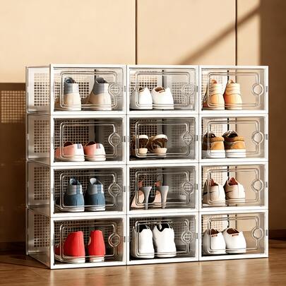 Cajas de plástico transparente grueso para guardar zapatos con tapa (paquete de 6/12), organizador de zapateros plegable, apilable y con combinación libre, ahorra espacio en el espacio de almacenamiento de zapatillas, sustituto de zapatero, contenedores multiusos para juguetes en la entrada, el armario y debajo de la cama.