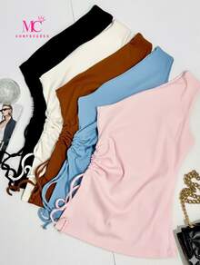 Asymmetrical Draped Blouse - Summer Launch - Candy Color - Ribbed Knit - Mule Sleeve - 藍色 - 查看 8