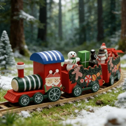  MERRYXMAS-2 Pieces Forest Wonderland Miniature Train Decor Set (Multi-Color), Four Movable Carriages, Hand-Painted Wooden Ornament, Mini Holiday Party Train Decoration, Perfect For Parties, Tables, Fireplaces, And More (Snowman + Gingerbread Man)