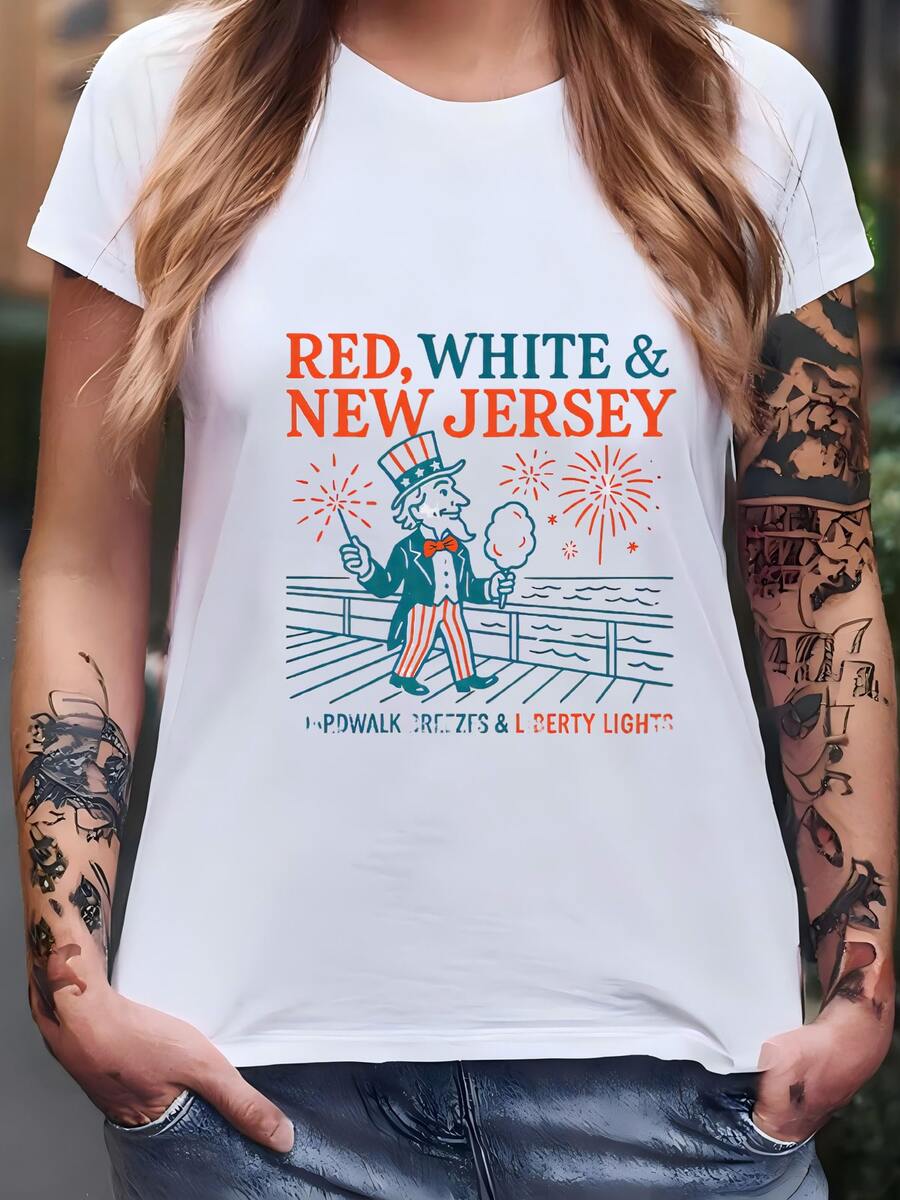 Red White New Jersey Tee: Vibraciones Patrióticas De Paseo Marítimo Camiseta - Blanco - Ver 1