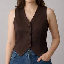 Elegant Women's Tailored Vest With Buttons - Rust Brown - View 2