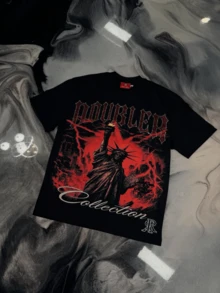 Godspeed The World Is Mine Oversized Distressed Print T-Shirt With Statue Of Liberty Design, Men's Short-Sleeve 100% Cotton, Loose Fit, Y2K Street Retro Casual Urban Aesthetic, 100% Cotton Pullover. Gift - 黑色 - 查看 2