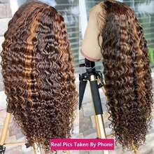 36 Inch Deep Wave Highlight Ombre Lace Front Wigs Human Hair 250% Density Deep Curly Human Hair Wig Pre Plucked P4/27 Ombre HD Lace Frontal Wigs With Baby Hair For Women Graduation Season Hairstyles - SP4/27 - 查看 5