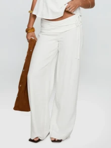 Women Y2K Tie-Up Waist Pants Low Rise Striped Wide Leg Relaxed Fit Palazzo Trousers Casual Lounge Pants Streetwear - 白色 - 查看 2