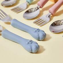 1 Set Of 2 Cat Paw Shaped Silicone & Stainless Steel Fork & Spoon Set, Baby Self-Feeding Training Cutlery, Children Tableware Spoon - Multicolor - View 5