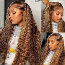 36 Inch Deep Wave Highlight Ombre Lace Front Wigs Human Hair 250% Density Deep Curly Human Hair Wig Pre Plucked P4/27 Ombre HD Lace Frontal Wigs With Baby Hair For Women Graduation Season Hairstyles - SP4/27 - 查看 3