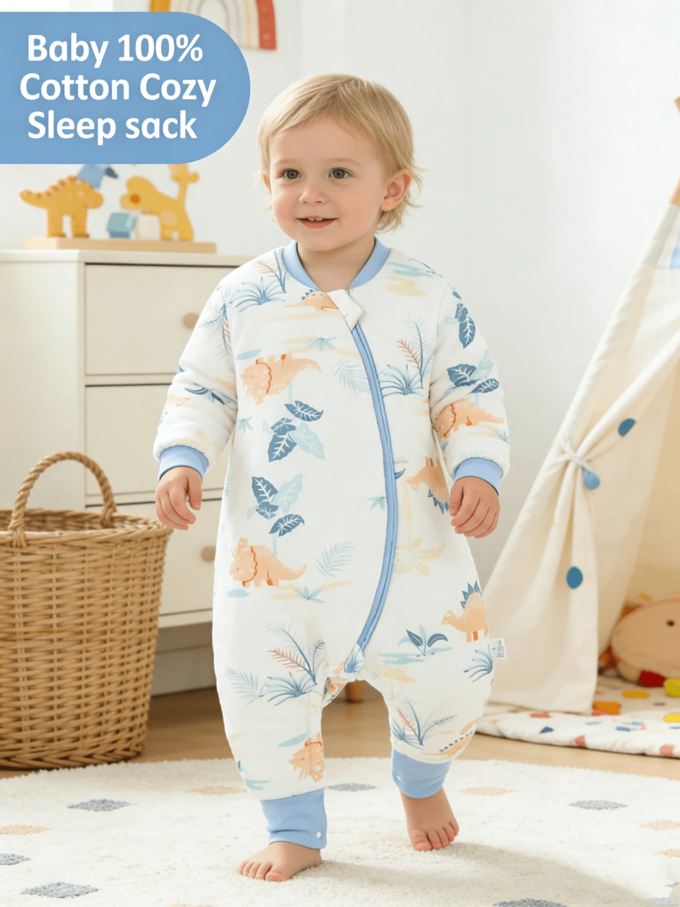 Saco de dormir cómodo para bebés y niños pequeños, 100% algodón, unisex para primavera, de manga larga con aberturas para las piernas, con adorable estampado de dinosaurios de dibujos animados - Multicolor - Ver 1