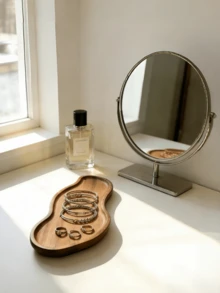 Holz Schmuckablage, Halskette Ring Ohrringe Aufbewahrungsablage, verschiedene geformte kreative Holzablagen, dekorative Ablagen, Kosmetikablagen, Geschirrablagen, Ausstellungsdekorationsablagen, Retro-Stil Dekorationsablagen, Aufbewahrungsablagen, Make-up Raum Dekoration - Mokka-Braun - Übersicht 5