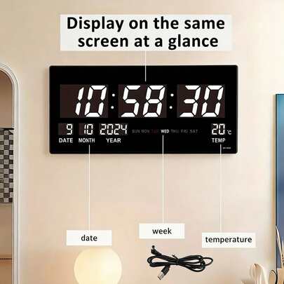 Large Digital Electronic Plug-In Wall Clock With Temperature, Time And Date Display, Electronic Clock With Power Failure Memory Function, Suitable For Living Room, Bedroom And Study Room Decor
