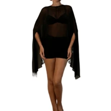 Women's Sheer Chiffon Capelet Set - Oversized Flowy Poncho With Shorts For Beach Cover Up/Party Outfits Multiple Colors - Black - View 1