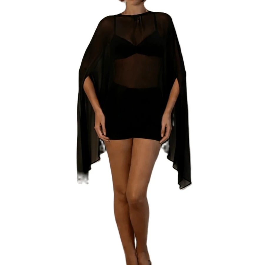 Women's Sheer Chiffon Capelet Set - Oversized Flowy Poncho With Shorts For Beach Cover Up/Party Outfits Multiple Colors - Black - View 1