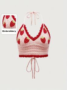 Women's Casual Elegant Sexy Retro Strawberry Knitted Tie Front Spaghetti Strap Camisole Top, Suitable For Beach, Vacation, Casual, Daily Wear, Spring/Summer - Pink - View 1