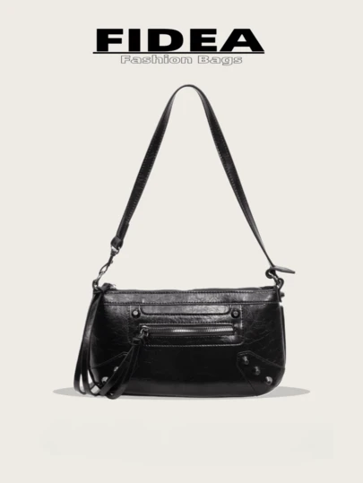 New Women's Underarm Baguette Bag, Solid Color PU Leather, Y2K Street Fashion, Versatile, Rivet & Metal Decor, Zipper, Tassel Accent, High-Quality Feel, Suitable For Outings, Shopping, Dates