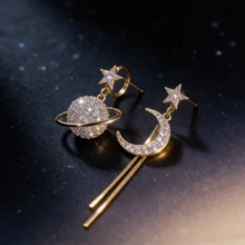 Asymmetrical Planet & Moon Earrings - Long Sparkling Tassel With Synthetic Zirconia, Nickel-Free Alloy Hypoallergenic Jewelry, Elegant Daily Wear Gift For Wome - Vàng - Xem 3