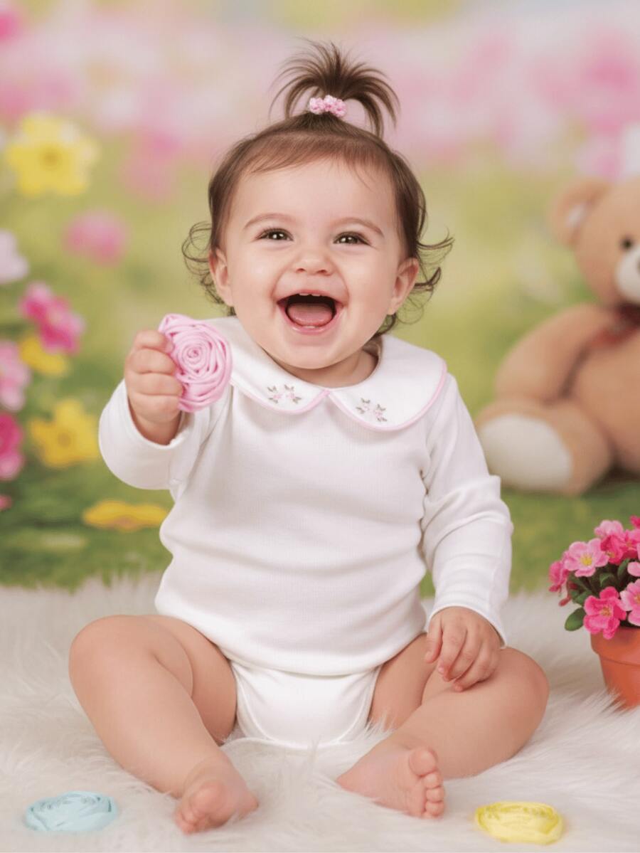 Pure & Posh Baby Body Bebê Menina Algodão Manga Longa Gola Bordada Rococo