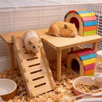 Bộ 1 bệ hai tầng bằng gỗ có thang cho chuột hamster, bàn và cầu thang nhỏ cho thú cưng, nhà trú ẩn đồ chơi nhỏ cho chuột hamster, phụ kiện trang trí lồng thú cưng nhỏ, thích hợp cho chuột hamster Teddy và chuột hamster lùn Roborovski.