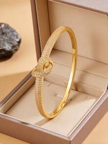 1 Pc - Creative Knotted Copper Bracelet, Combining Full Zirconia Texture With A Smooth Bracelet Body. The Knotted Design Has A Sense Of Ritual And Is Also Outstanding For Everyday Layering. - Gold - View 6