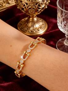 1pc - Luxury And Stylish Link Copper Bracelet. The Smooth Bracelet Body Is Plated With 18k Gold, Which Is Not Easy To Fade. The Link Design Has Its Own Unique Style And Is Also Outstanding When Worn In Everyday Outfits. - Gold - View 4