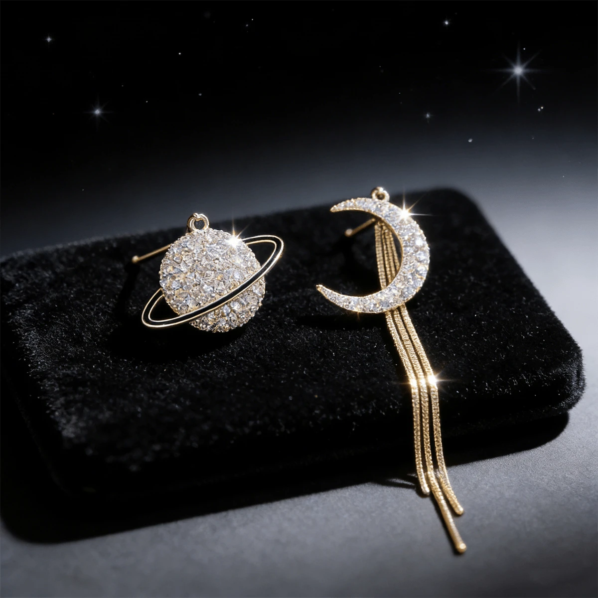Asymmetrical Planet & Moon Earrings - Long Sparkling Tassel With Synthetic Zirconia, Nickel-Free Alloy Hypoallergenic Jewelry, Elegant Daily Wear Gift For Wome - Vàng - Xem 1
