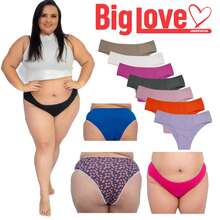 Kit 5 Calcinha Tangão BIG LOVE Plus Size de Algodão ( COTTON ) Cintura Alta  em cores Lisas e Estampadas tamanhos 44 Até 54  Ref045 - Multicolorido - Visão 3