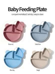 3pcs Baby Feeding Essentials Set | 6+ Months Self-Feeding 3-In-1 Silicone Divided Plate | Leak-Proof & Easy To Clean | Dishwasher & Oven - Multicolor - View 1