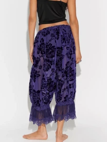 Women's Y2K Floral Devore Lace Trim Long Bloomers Elastic Mid Rise Flared Ruffle Pantaloons Pajama Bottoms - Purple - View 3