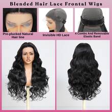 باروكة شعر طبيعي أمامية من الدانتيل بكثافة 200% ، موجة جسم 5*5 13*4 13*6 ، بدون غراء ، جاهزة للارتداء والذهاب ، خط الشعر الطبيعي مبيض ، لون أسود طبيعي ، شعر برازيلي عذراء مخلوط ، بدون حاجة إلى غراء ، بدون مهارات ، مسبقة السحب والكي والنتف والتبييض ، موجة فضفاضة ذات خط وسطي ، مظهر طبيعي للنساء - طبيعي وأسود - مشاهدة 3