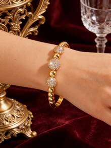 1pc 18K Gold Plated Copper Zirconia Bracelet (Women's Style), Elegant Gold-Trimmed Rhinestone Bracelet, Luxurious Eye-Catching Jewelry, Suitable For Daily Wear, Party, Date, Wedding And As A Gift - Gold - View 4