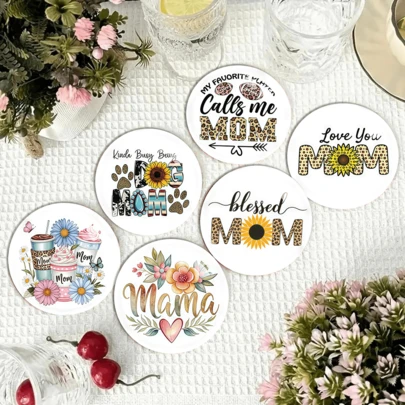 Vintage & Healing Style Round Coaster, Practical Non-Slip Heat Insulation Function, Emotional Expression Value, Suitable For Mother's Day, Praising And Emotional Connection For Mom