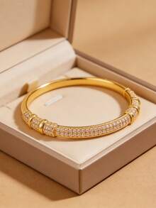 1 Pc - Luxurious Cylindrical Copper Bracelet With A Perfect Blend Of Texture And Smooth Surface. The Cylindrical Shape Symbolizes Continuous Progress And Is Suitable For Various Occasions. - Gold - View 1