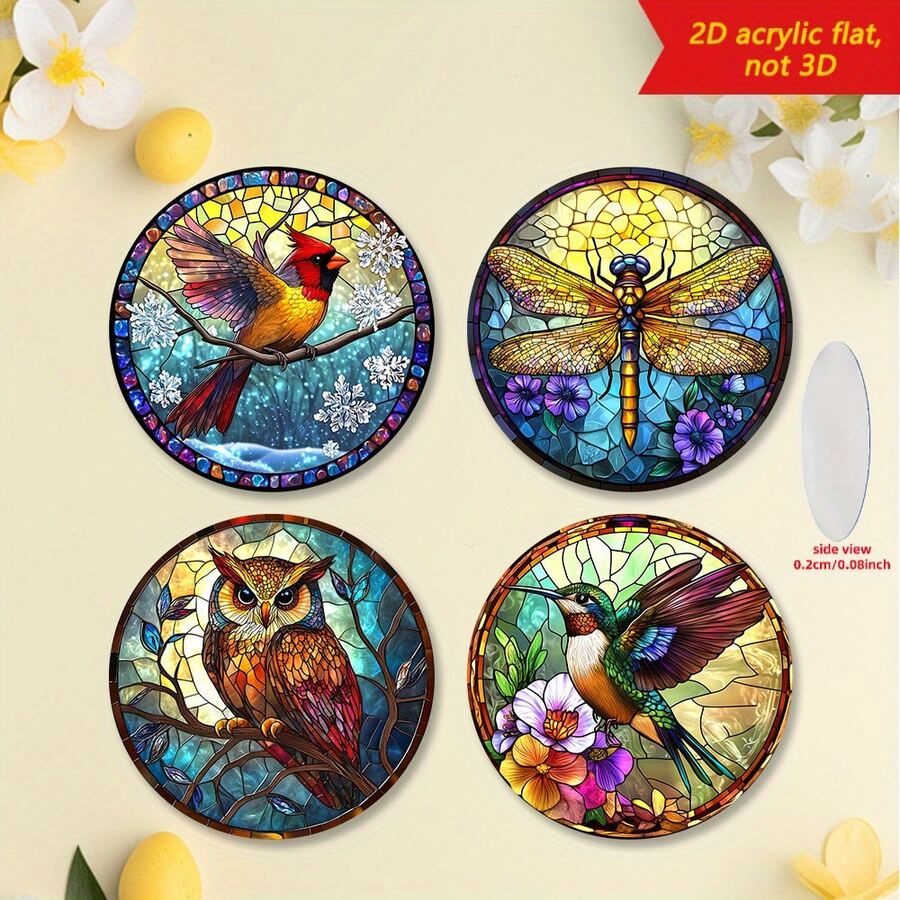 4pcs 2D Flat Printed Bohemian Style Acrylic Round Coasters, Patterns Of Cardinal, Dragonfly, Owl, Hummingbird, Suitable For Restaurant, Cafe, Kitchen, Heat-Resistant Placemats & Coasters - Multicolor - View 1