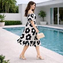 Vestido tipo lino flor grande midi bohemio chic con hombros descubiertos y volantes en el bajo para mujer, con mangas abullonadas y estampado floral azul bonito para dama hermoso - Negro - Ver 1