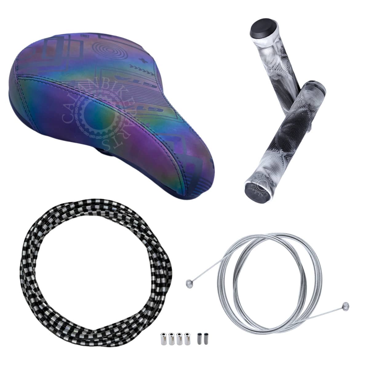 Kit Rainbow Selim Bike Camaleão Colorido + Manopla Freeride MTB BMX - Preto e Branco - Visão 1