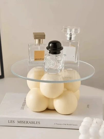 Milky White Spherical Resin And Glass Vanity Tray - Adorable Minimalist Design, Ideal For Vanity, Bathroom Countertop And Bedroom Vanity. Can Hold Perfumes, Skincare Products And Jewelry, Adding A Warm And Fashionable Ambiance, A Elegant Beauty Display Storage Accessory.