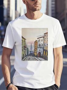 Bequemes Herren-T-Shirt mit kurzen Ärmeln und Rundhalsausschnitt, einzigartigem Stadtbild-Grafikdruck, atmungsaktivem Baumwollstoff für lässige Alltagskleidung, urbaner Stil, Grafik-T-Shirt - Weiss - Übersicht 1