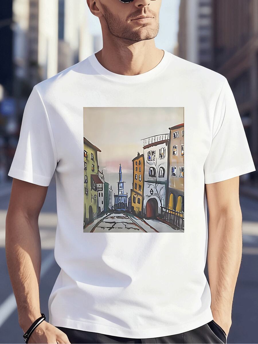 Bequemes Herren-T-Shirt mit kurzen Ärmeln und Rundhalsausschnitt, einzigartigem Stadtbild-Grafikdruck, atmungsaktivem Baumwollstoff für lässige Alltagskleidung, urbaner Stil, Grafik-T-Shirt - Weiss - Übersicht 1