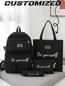 四件套，定制背包、手提包、手拿包、铅笔袋、单肩包、收纳包，一套定制，时尚简约，适合学校、大学、高中、初中、小学，大容量，可折叠，多口袋，可定制姓名，DIY礼物，开学季、毕业季，女包、男包，同款，适合旅行，旅行必备，包包，背包 - 黑色 - 查看 4