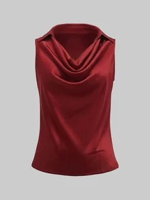 女士优雅酒红色垂褶领无袖衬衫，缎面滚边，适合日常通勤和约会场合，春夏款 - 酒紅色 - 查看 3