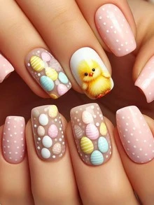 24片复活节可爱黄色小鸡按压式假指甲，粉色美甲套装，适合日常佩戴 - 彩色 - 查看 7