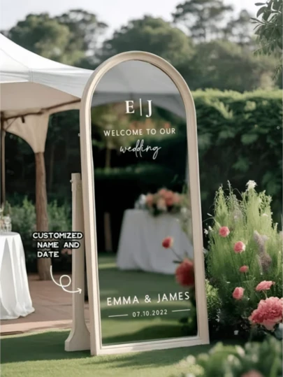 1pc Personalized Wedding Welcome Sign, DIY Wedding Decal Sticker, Newlywed - Wedding Marriage Decoration / Modern Wedding Welcome Sign / Customized Couple Name And Date / Mirror Decal, Event And Party Supplies, Custom Wedding Craft, For Door, Glass, Wedding Items, Custom Sticker, Wedding Decoration