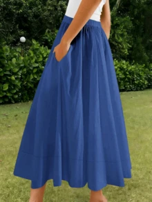 Womens Boho High Waist A-Line Midi Skirt Casual Flowy Pleated Swing Long Skirt With Pockets Summer Fashion Outfit - 藍色 - 查看 5