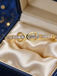 Women's Gold-Plated Zirconia Ring, Double Twist Infinity Symbol Design With Micro-Inlaid Zirconia Stones, Minimalist Elegant Style For Daily Commute/Versatile, Fashionable Birthday Gift For Trendsetters - Gold - View 2