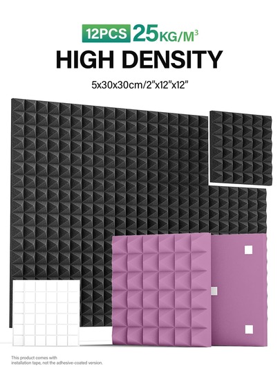 OSITE SKY 25 Kg/M³ Soundproofing Kit - 12 Pack 12"X12"X2" Acoustic Foam Panels | For Podcasting, Editing Rooms And Hi-Fi Listening Rooms - Noise Dampening Foam - Soundproofing Material (Black/White/Gray/Purple)