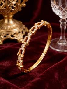 Camhanno 1 Pc - Premium-Looking Copper Bangle With Zirconia Inlay, Combining Texture And Smooth Bangle Body, The Link Design Has Its Own Unique Style, And It Looks Great When Layered For Everyday Wear. - Gold - View 4