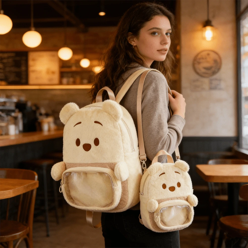 Miniso New Disney Winnie The Pooh Series Cartoon Cute Backpack, Large Capacity Shoulder Bag Crossbody Bag, Suitable As Gift Or School Bag - Beige Large - View 1